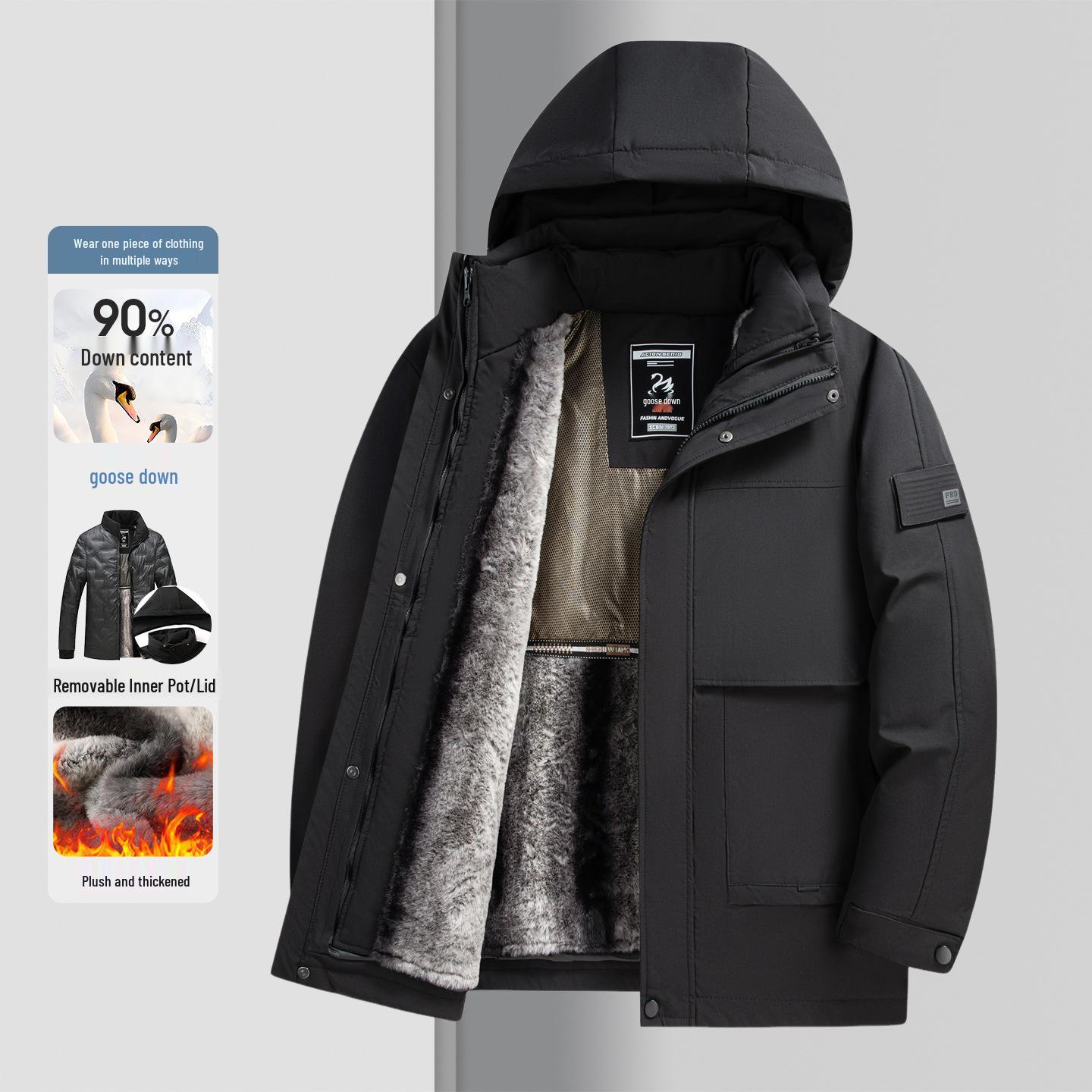 Мужская съемная пуховая куртка 3-в-1 2025: Пальто в стиле Business Casual для папы 195 чёрный
