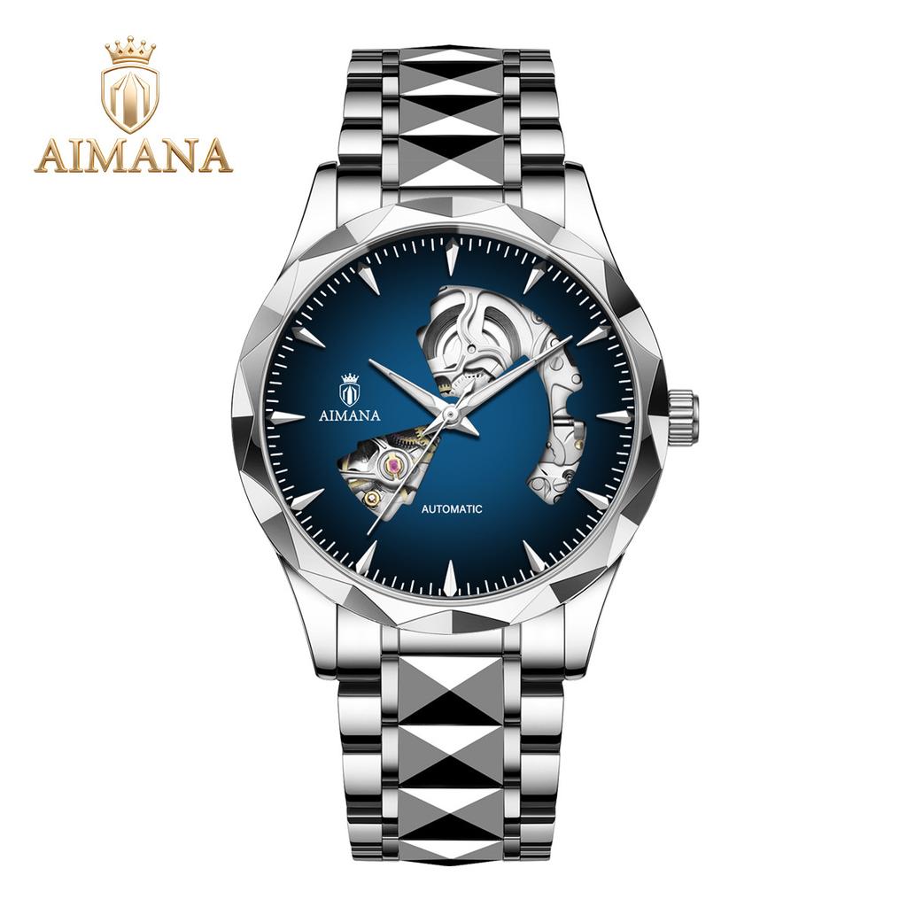 Men Business Automatic Mechanical Wrist Watch Hollow Skeleton Dial Steel Band Watch Luminous Hands Waterproof