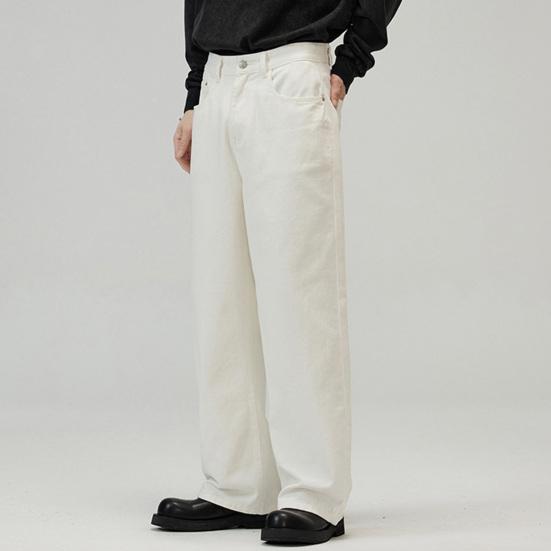Men Pants Solid Color Straight Wide Leg Retro Style Pants with Pockets Zippered Trousers for Daily Home Streetwear Sports