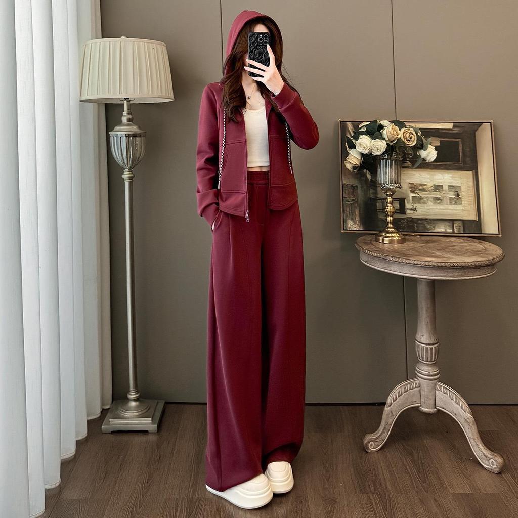 Spring Casual Fashion Set: Women's Korean-Style Zipper Cardigan Hoodie with Wide-Leg Pants, Two-Piece Set