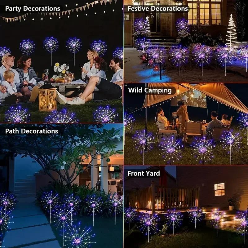 LED Solar Fireworks Lights Outdoor Decorative Multicolor Starburst Waterproof Lamps with 8 Modes for Garden Path Home Lawn