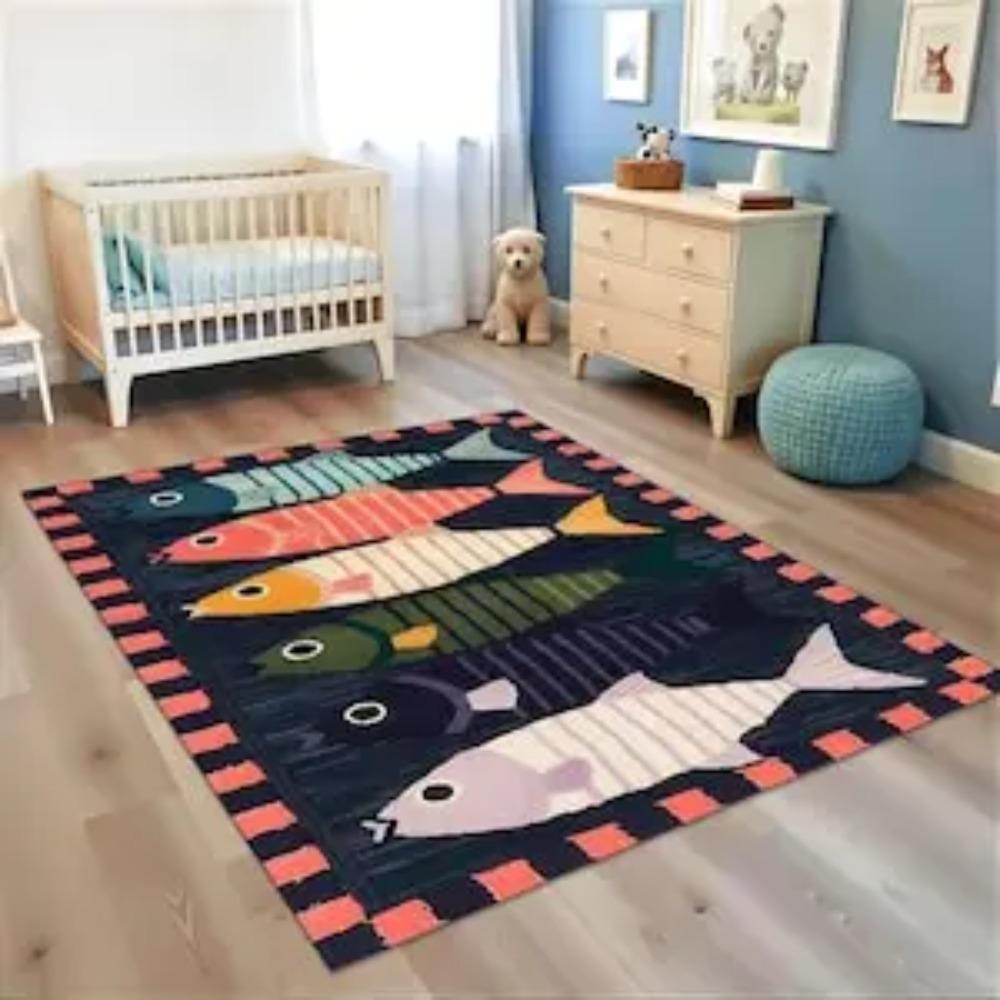 Colorful Fish Rug Striped Design Navy Background Coral Border Vibrant Kids Room Playroom Carpet for Home Decor Floor Mat