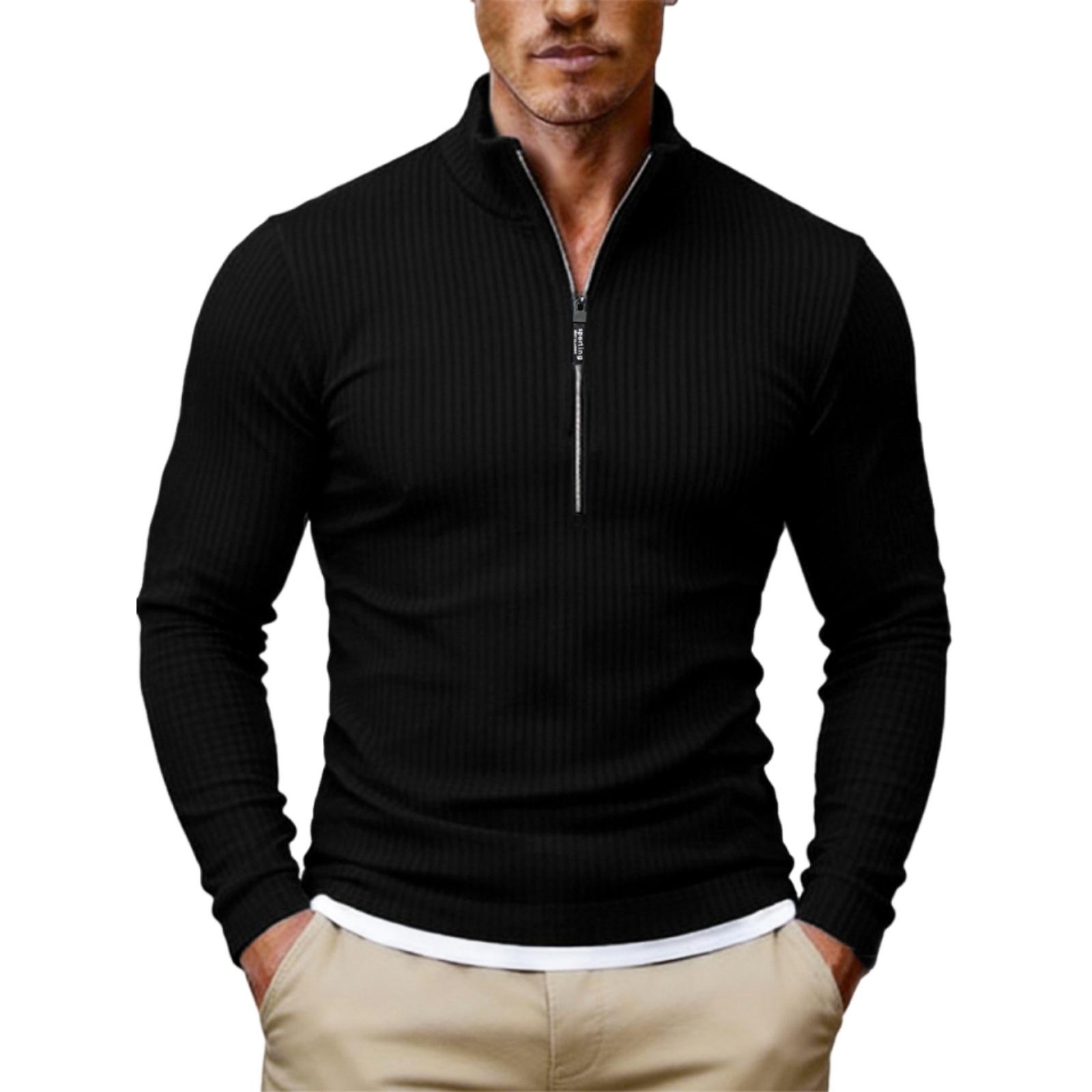 Men s Minimalist Half-Zip Stand Collar Knitted Sweaters, Casual Versatile Tops L