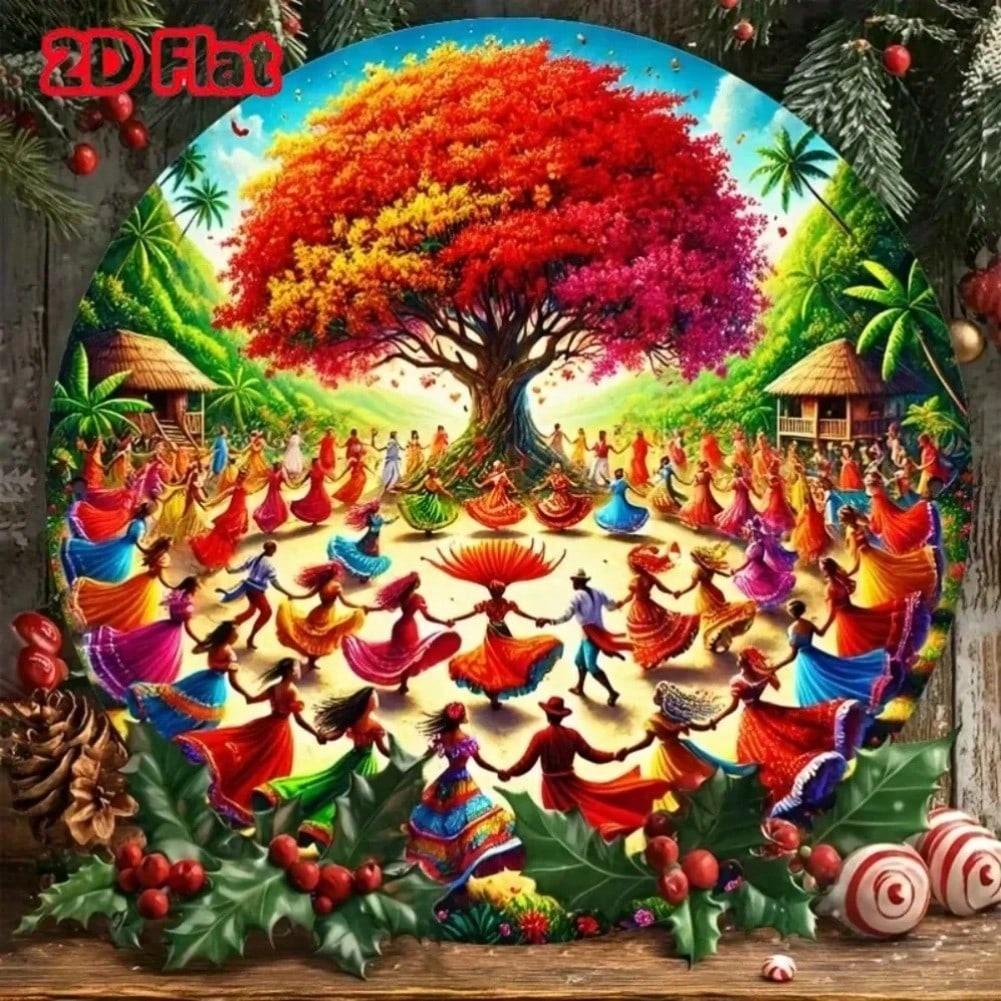 

3D Tin Sign - Vibrant Puerto Rican Dance Colorful Dancers Tree Design Wall Art Decor for Home Office Garage Club Kitchen Bar 20x20 різнокольоровий