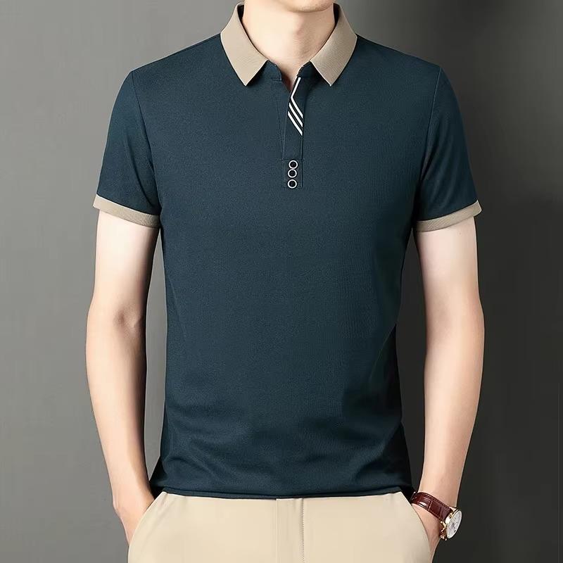 Summer Men's Polo Shirt Jacquard T-shirt Lapel Collar Color Block Casual Short Sleeve Tees Breathable Male Button Tops