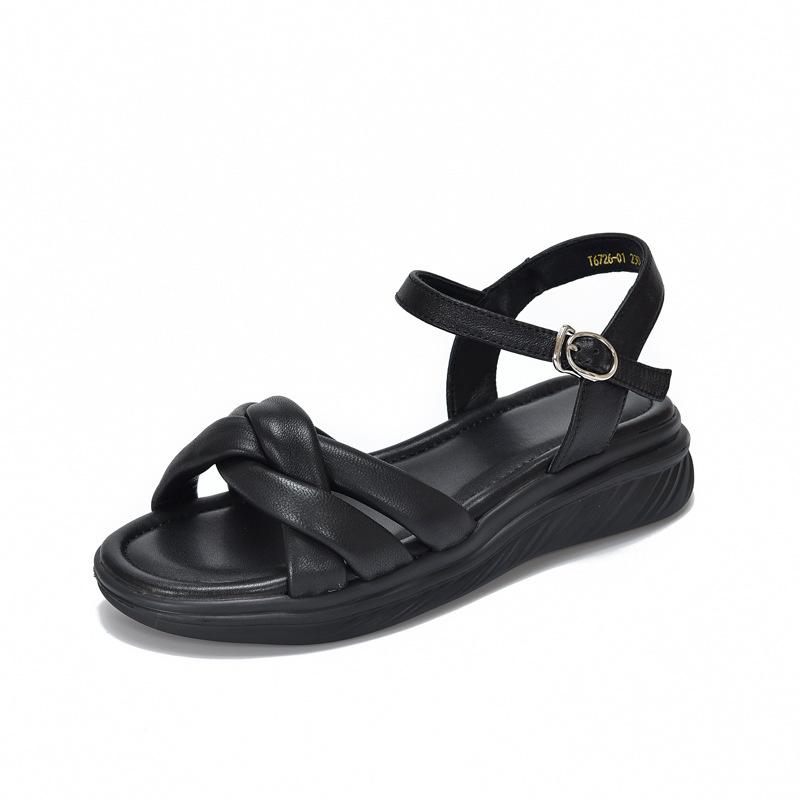 

Johnature Casual Versatile Sheepskin Sandals Peep Toe Soft Soled Genuine Leather Flat Women s Shoes 35 чёрный