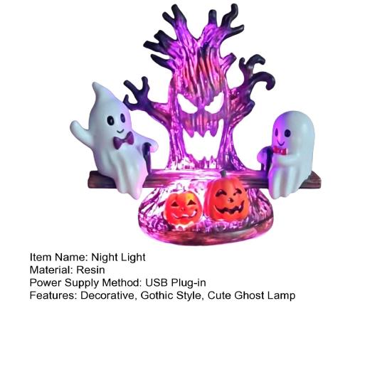 Animated Ghost Lamp for Desk Seesaw Light, USB Powered 3D Night Cute LED Fun Halloween Table with Spooky Tree And Pumpkin Design, Decor Bedroom Living