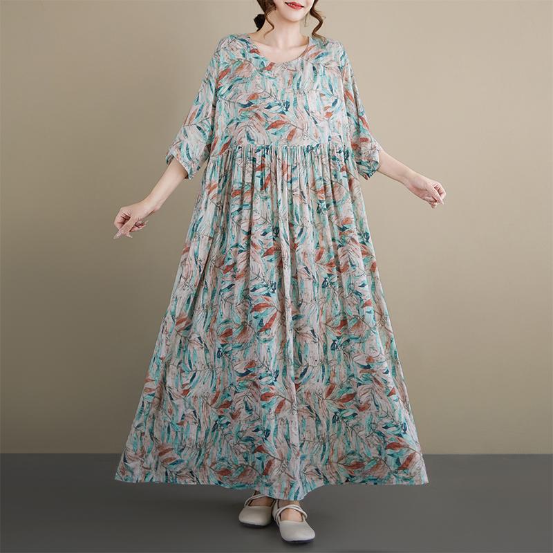 Kurzarm Plus Size Baumwolle Vintage Blumenmuster Neu in Kleidern für Damen lässig locker langes Sommerkleid