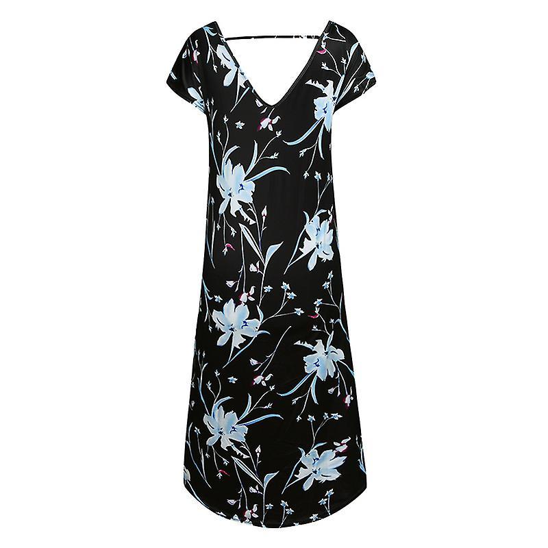 Women Short Sleeves High Slit Vintage Print Backless Sundresses for Summer