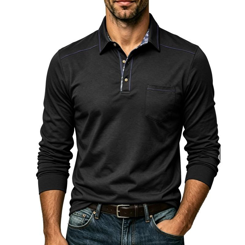 Men Plus Size Contrast Color Turn Down Collar Long Sleeve Casual Polo Shirt Top M чёрный