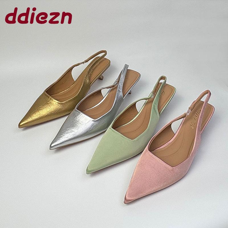 Fashion Fashion Silk Women Medium Heels Sandals Shoes Female Pointed Toe Footwear Shallow Ladies 3.5CM Heels Sandals Slip On Shoes Pumps