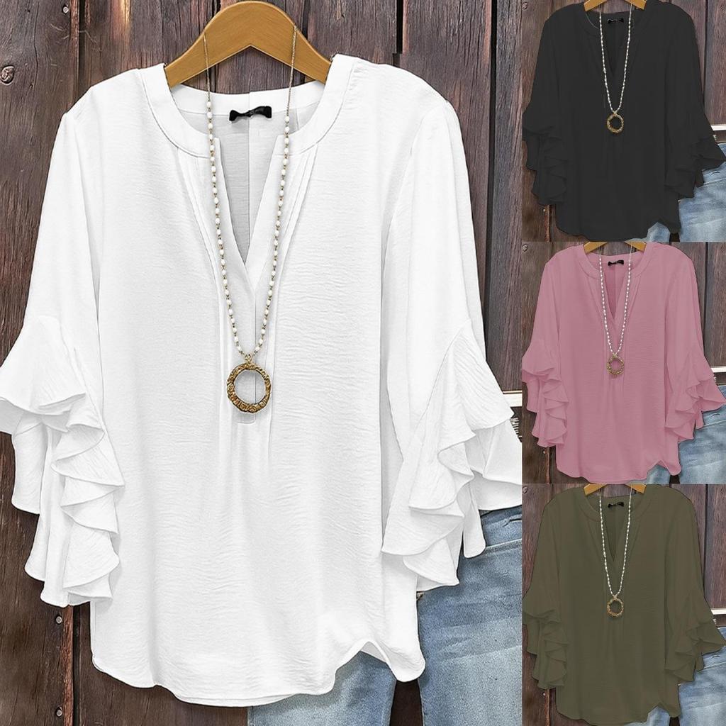 Women's V-Neck Bell Sleeve Top with Bow Detail In Multiple Colors
