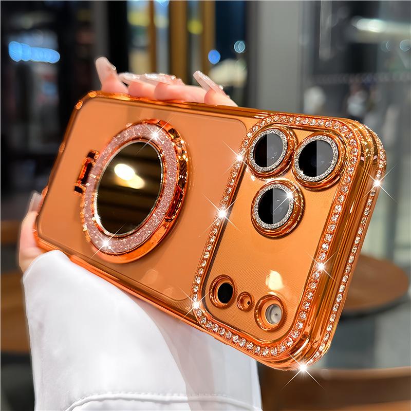 The new iPhone17 bracket magnetic mobile phone case is suitable for Apple 16 rhinestone mirror 15 Pro Max protective case.