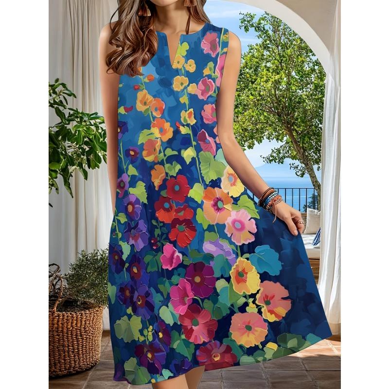 Women'S Sleeveless Split Neck Floral Print Dress Casual Loose Fit Flowy Midi Dress for Beach Vacation & Summer Daily Wear