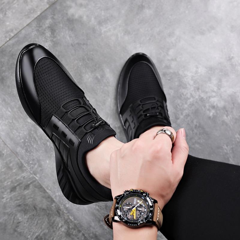 2025 New Leather Men's Shoes Soft Sole Heightened 8CM Youth Leather Shoes Mesh Breathable Extra Large Size Casual Elastic Shoes