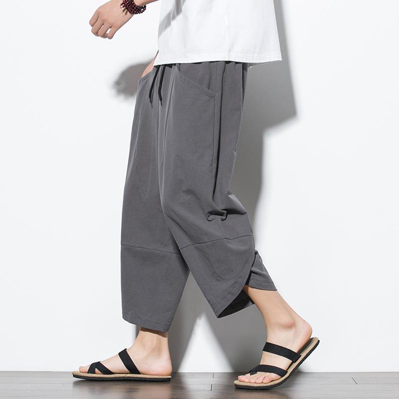 Letní pánské bavlněné lněné harémové kalhoty v čínském stylu Pánské retro streetwear plážové šortky Pánské ležérní kalhoty ke lýtkům M-5XL