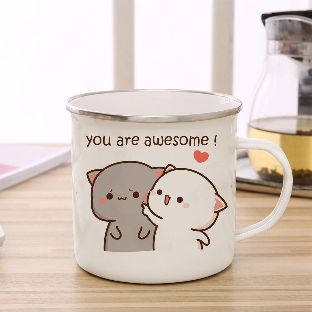 Peach and Goma Cat Enamel Coffee Tea Cup Cute Animal Breakfast Dessert Milk Water Cup Couple Gift