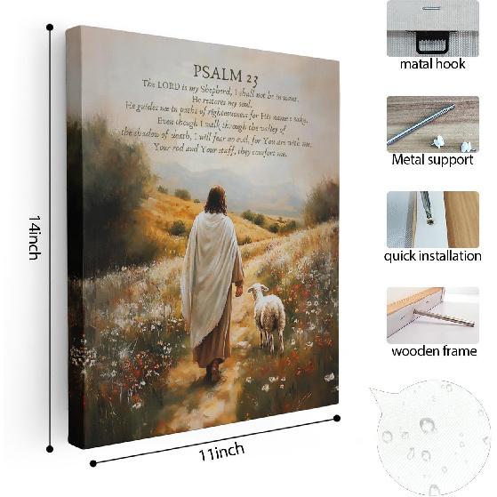 APJYM Psalm 23 the Lord is My Shepherd Bible Verse Canvas Wall Art Framed, Christian Room Decor, Jesus and Lamb Christian Prints Poster Wall Decor