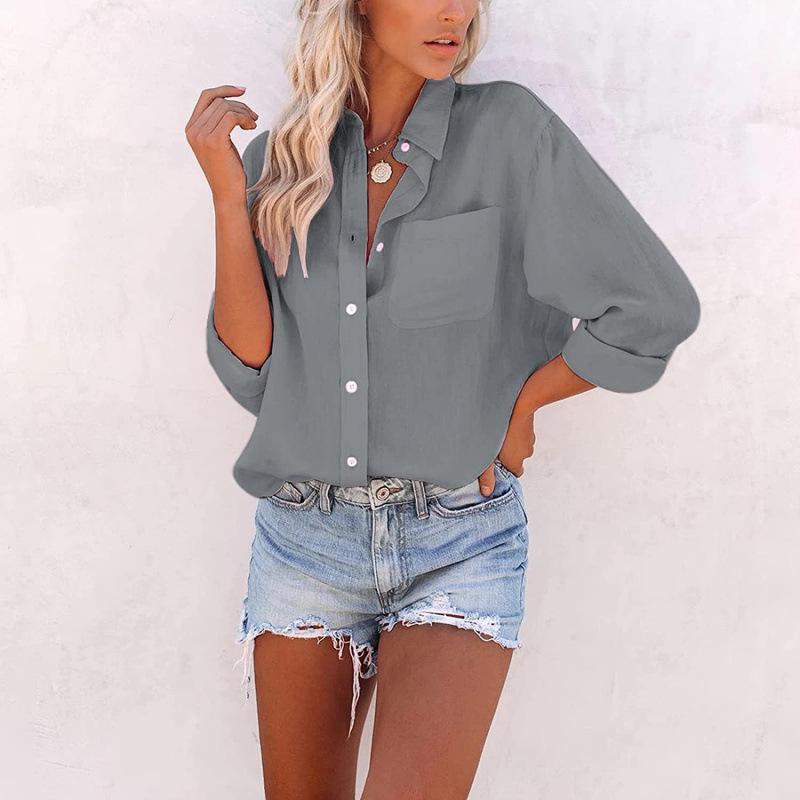 

European & American Women s Solid Color Pocket Long Sleeve Loose Blouse Small