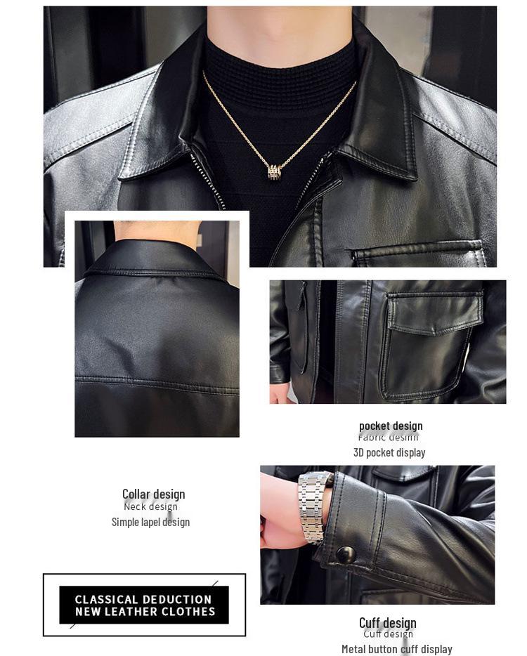 Men's Trendy PU Leather Motorcycle Jacket with Turn-Down Collar and Multi-Pockets for Autumn and Winter - Casual Spring Coat