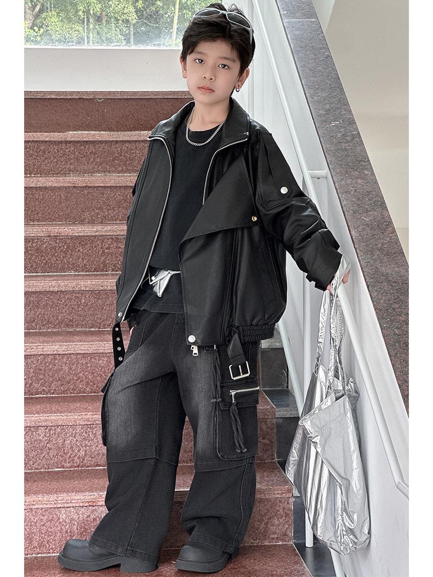 

Кожаная мотоциклетная куртка для мальчиков Осень 2025 - Легкая и стильная 140cm чёрный