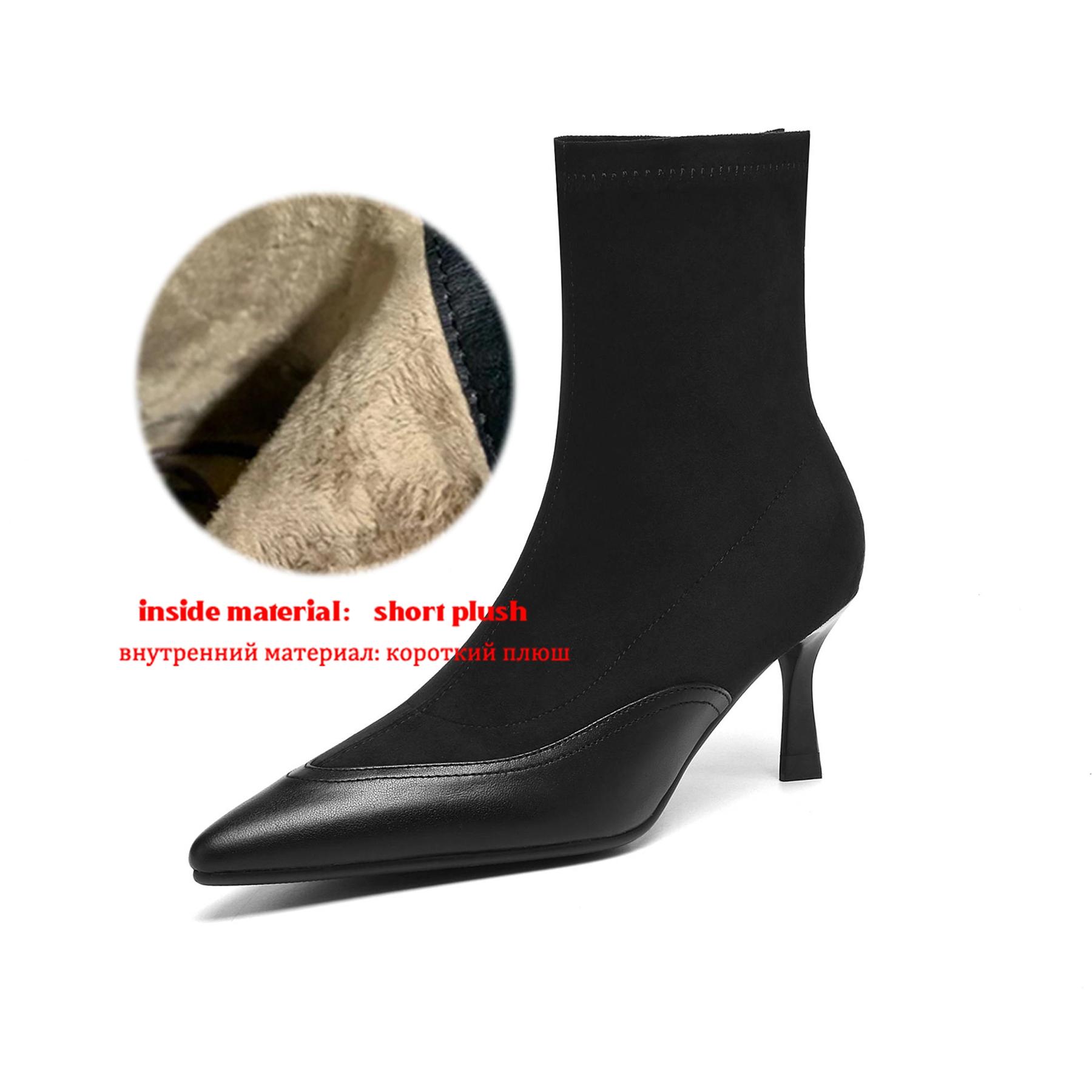 

Krazing Pot Flock Pointed Toe Thin High Heels Modern Boots Size 42 Zip Patch Work Women Elastic Ankle Boots 42