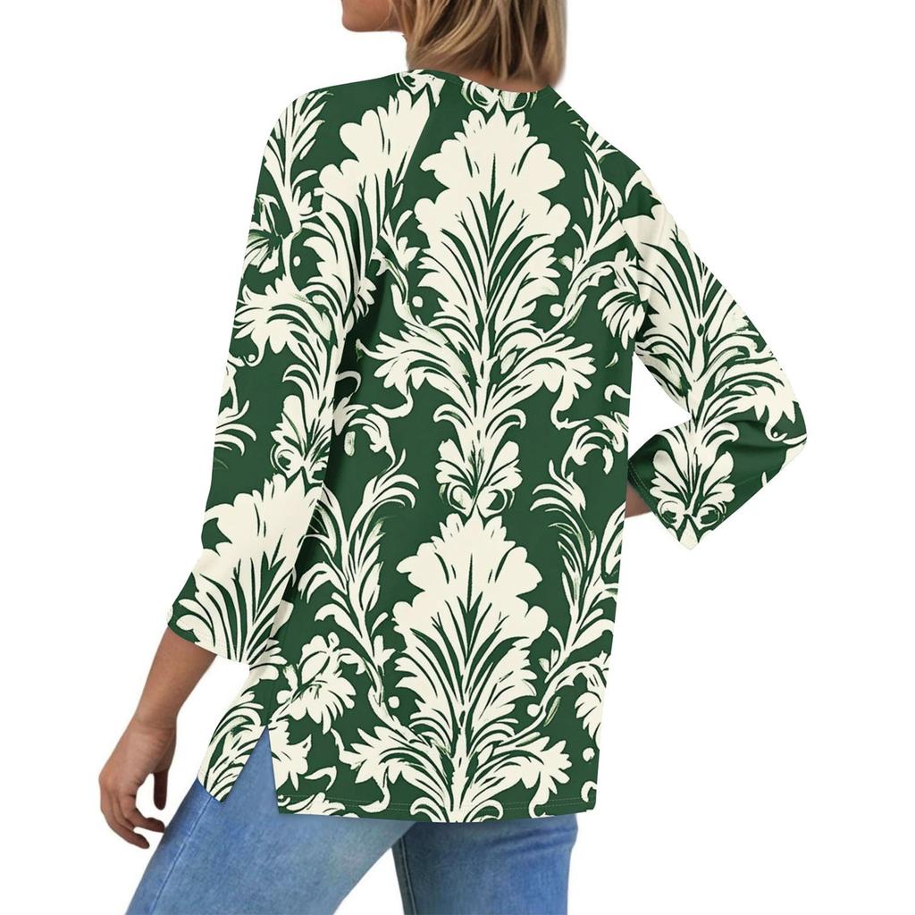 Ladies Casual Fashion V-neck Loose Versatile Floral Print Three-quarter Sleeves