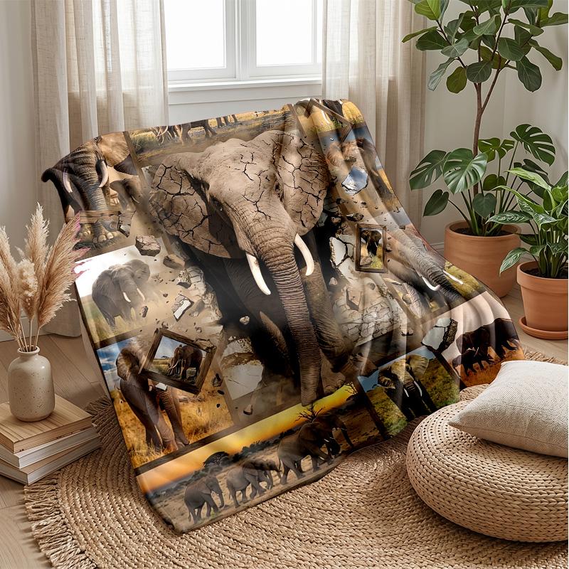 Elephant Art Collage Theme Blanket Lightweight Warm Flannel Blanket Decorative Throw Blanket for Home Decoration