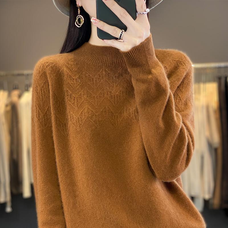New Autumn and Winter Half-high Neck Hollow Cardigan for Women's First-line Ready-to-wear Skin-friendly and Warm Wool Knitted Base Sweater