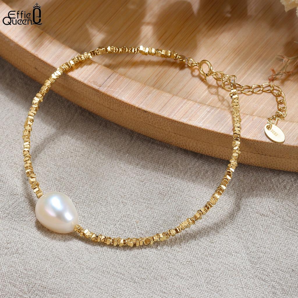 EFFIE QUEEN Elegantes 10mm Barock Süßwasserperlen Charm Armband Zierliches 925 Sterling Silber Glänzende Kette Armband Schmuck GPB19
