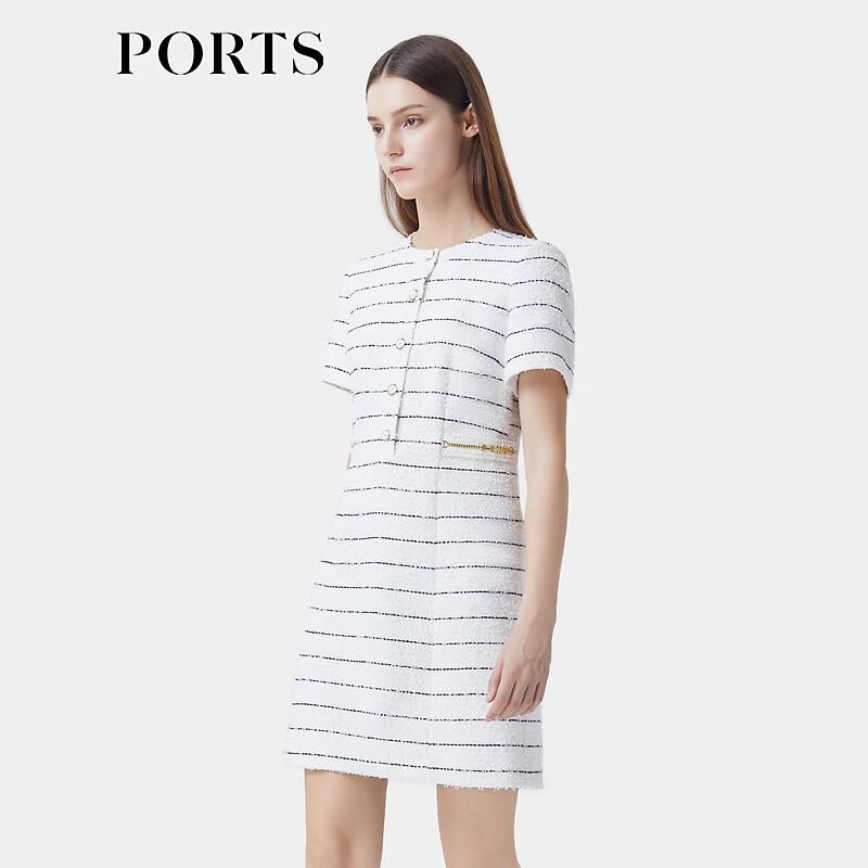 PORTS Women's White & Black Striped Short Sleeve Midi Dress