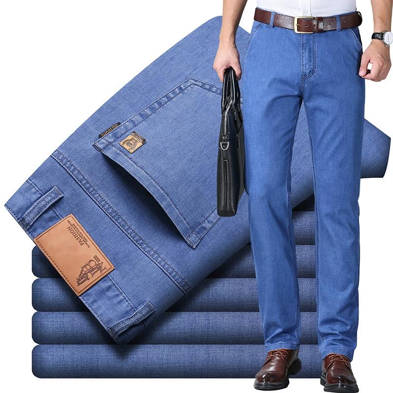 Blugi slim fit pentru bărbați, vară, din bumbac elastic, mătase glacială, stil business, casual, cu picior drept