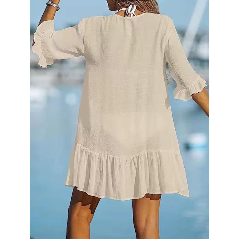 Rochie lejeră simplă cu decolteu în V rochie cu mânecă lungă