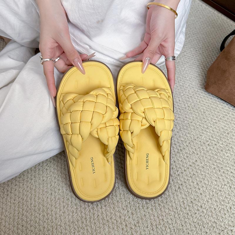 Woven Sofa Slippers Silver Crossed Slippers Women's Soft Bottom Summer Wear Handmade One-word Drag