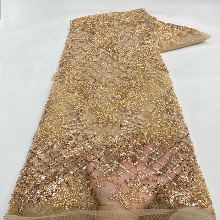 5yard soft lace Fabric palace style bead tube sequin embroidery telas para costura Design Wedding Dress diy fabric for sewing