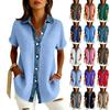 Womens Fashion Color Lapel Short Sleeved Denim Patchwork Button Up Shirt Loose Top