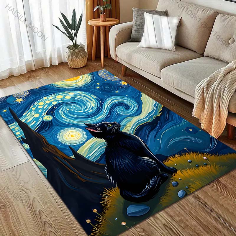 1PC Black Cat Stargazing Night Carpet for Living Room Bedroom Sofa Home Decor Rus Non-slip Floor Mat Luxury Gift