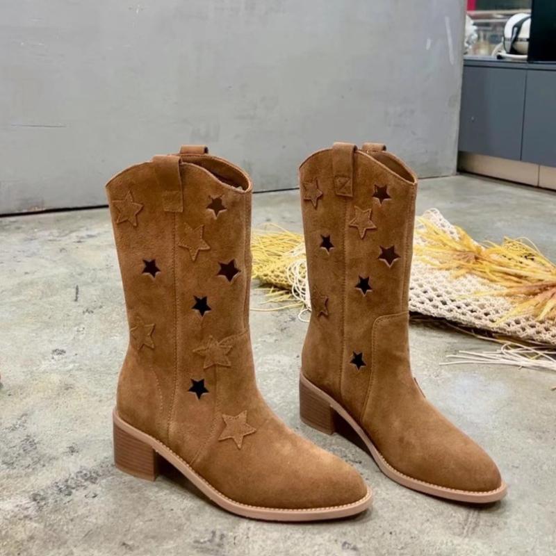 Trendy Women's Boots 2024 Autumn New Retro Hollow Breathable Pointed Suede Versatile Western Women's Boots Zapatos De Mujer