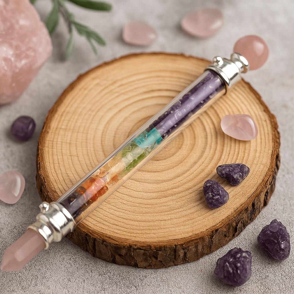 Shamtam Silver/Red/Pink Rose Quartz 7 Chakra Healing Crystal Wand