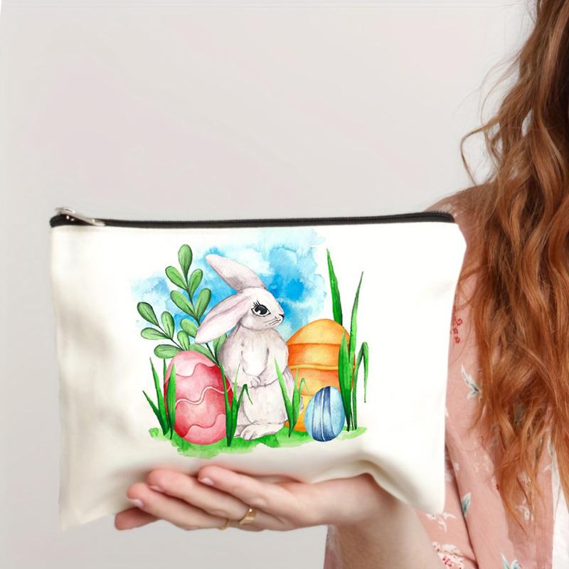 Cute Cartoon Easter Rabbit Egg Pattern Print Makeup Bag Pouch Travel Portable Cosmetics Storage Bag for Women Girls