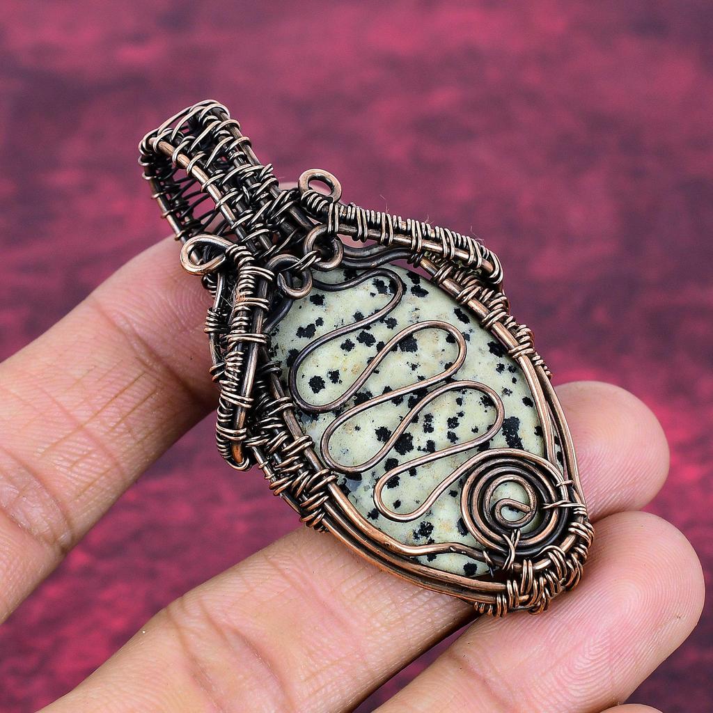 Dalmatian Jasper Pendant Gemstone Pendant Copper Wire Wrapped Handmade Jewelry