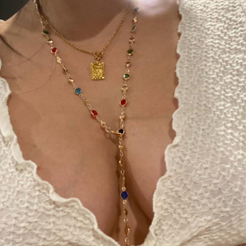 Bohemian Colorful Glass Long Y-Shaped Necklace Metal Collarbone Chain Gold  Color Summer Holiday Party Body Jewelry Gifts