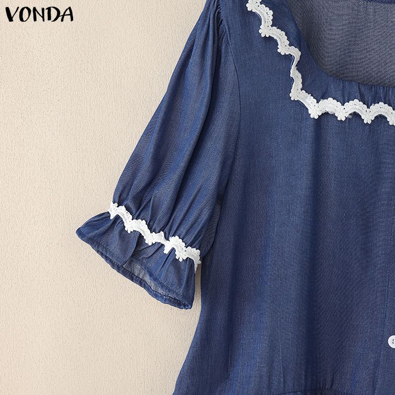 VONDA  Womens Casual Square Neck Lace Hem Short Sleeve Blouse