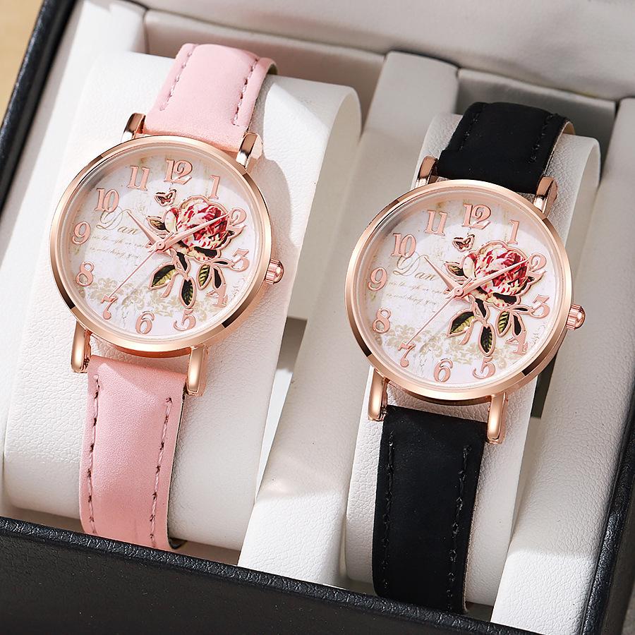 Damen PU-Lederarmband Uhr Pfingstrosen Zifferblatt Quarz Armbanduhr