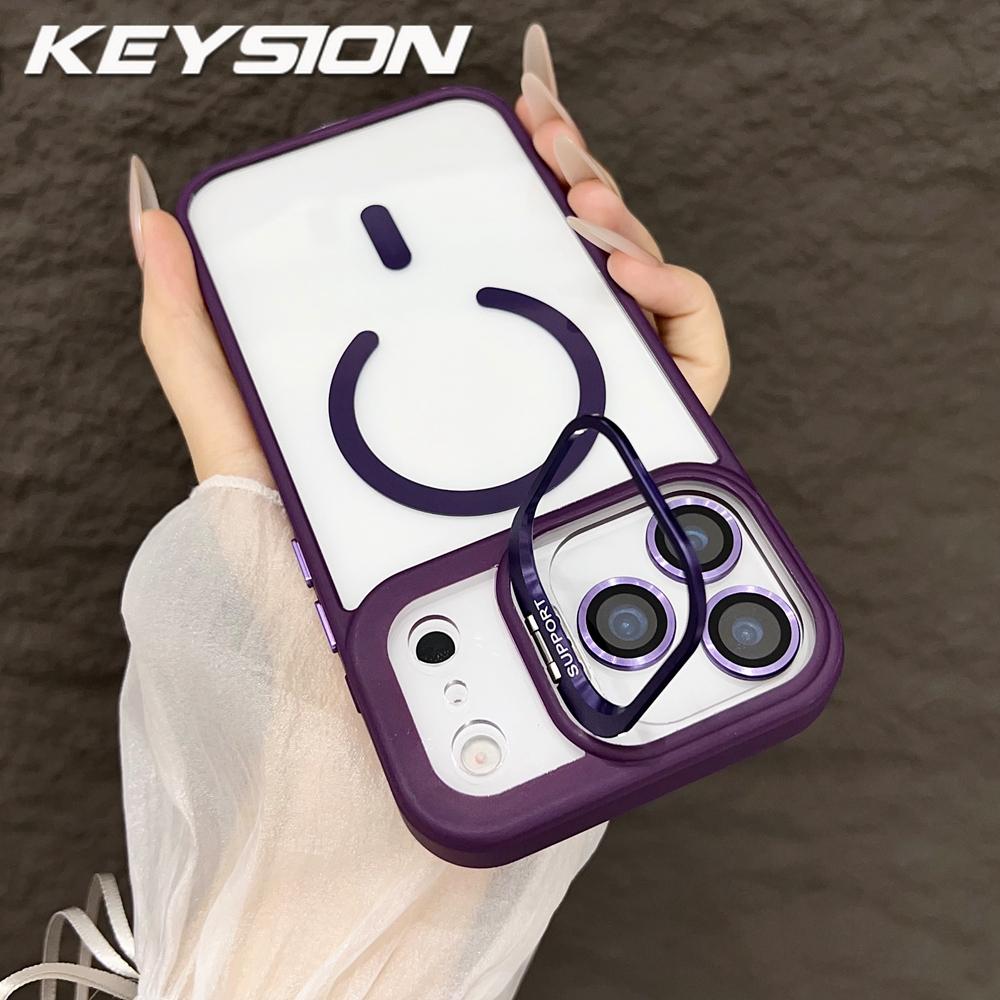 KEYSION Magnetic Transparent Phone Case for MagSafe for iPhone 17 Pro Max 17Air Metal Lens Stand Shockproof Lens Protector Cover