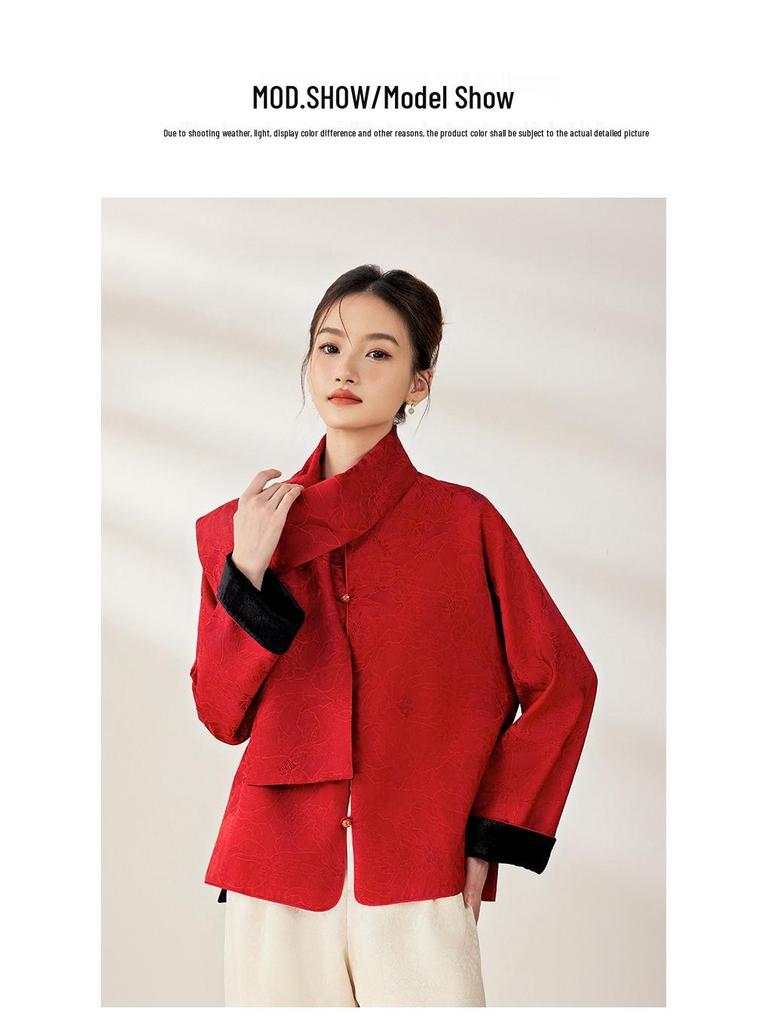 38mm Heavyweight Mulberry Silk Jacquard Long Sleeve Jacket - New Chinese Style, Double-Sided Autumn Wear for Women