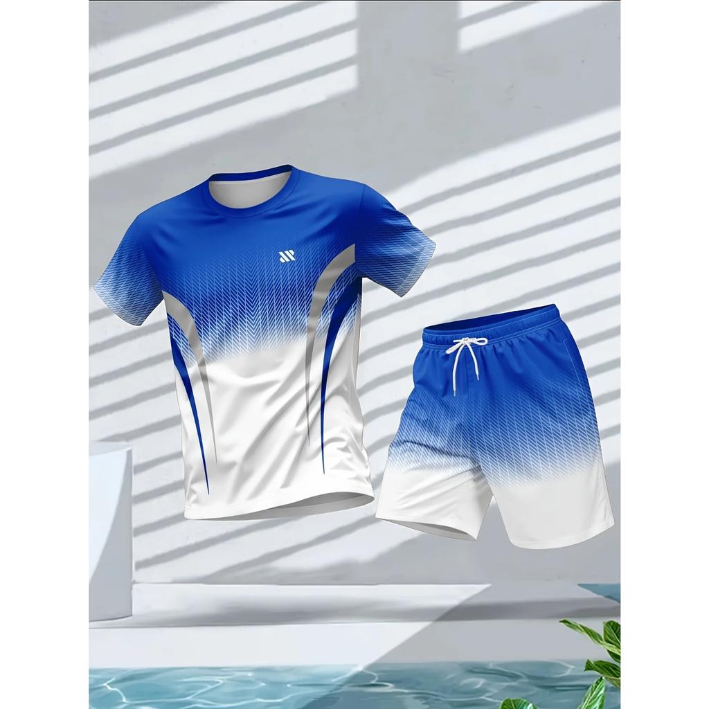 Men's Women's Summer Fashion Color Printed Comfortable Breathable Crew Neck T-shirt Shorts Set Outdoor Casual Sportswear