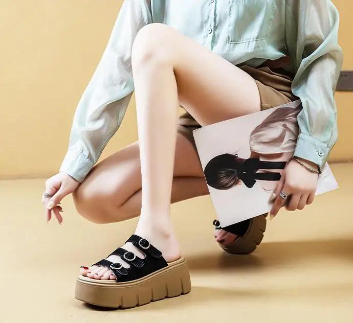 Fashion 7CM Suede Synthetic Microfiber Genuine Leather Sandals Summer Slipper Flats Women Chunky Sneakers Slippers Platform Wedge Shoes