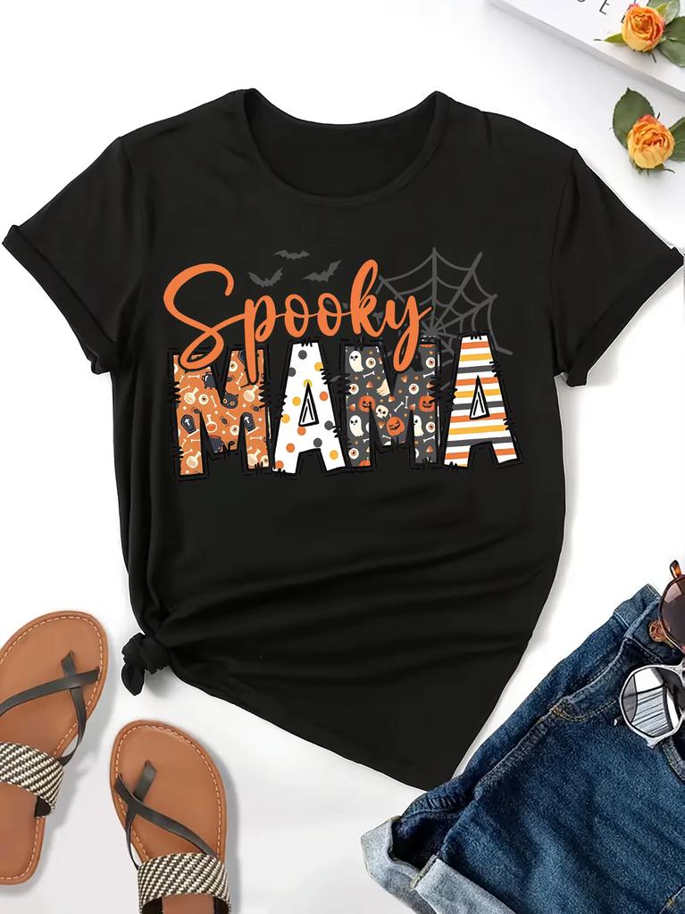 Spooky Mama Halloween Graphic Unisexs Casual Crew Neck Short Sleeve Spider Web Bat Design Perfect For Spring Casual Wear
