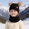3Pcs/Set Children Winter Hat Scarf Gloves Set Plush Lining Fluffy Ball Decoration Knitting Hat Neckerchief Gloves Set